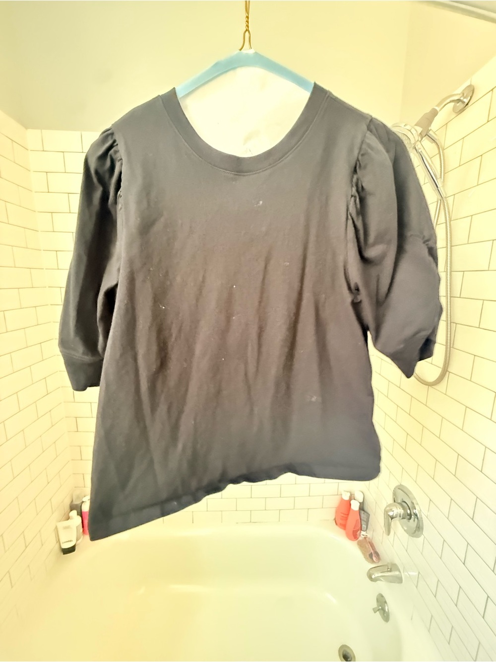 Frame Denim Black Crewneck Puff-Sleeve Top